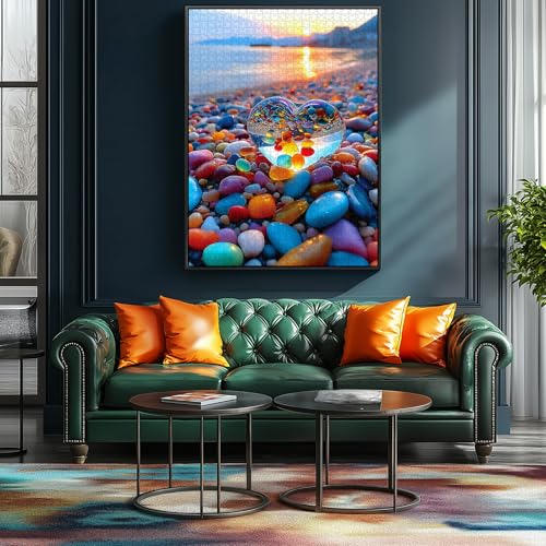 MINIWAN 500-Piece Jigsaw Puzzle for Adults – Sunset Beach Scene with Heart-Shaped Pebbles, 23x15 Inches
