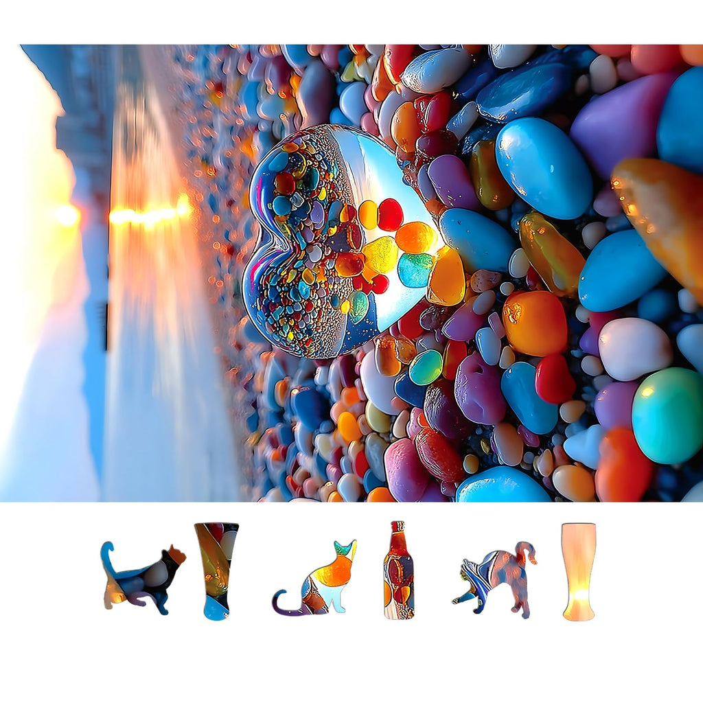 MINIWAN 500-Piece Jigsaw Puzzle for Adults – Sunset Beach Scene with Heart-Shaped Pebbles, 23x15 Inches