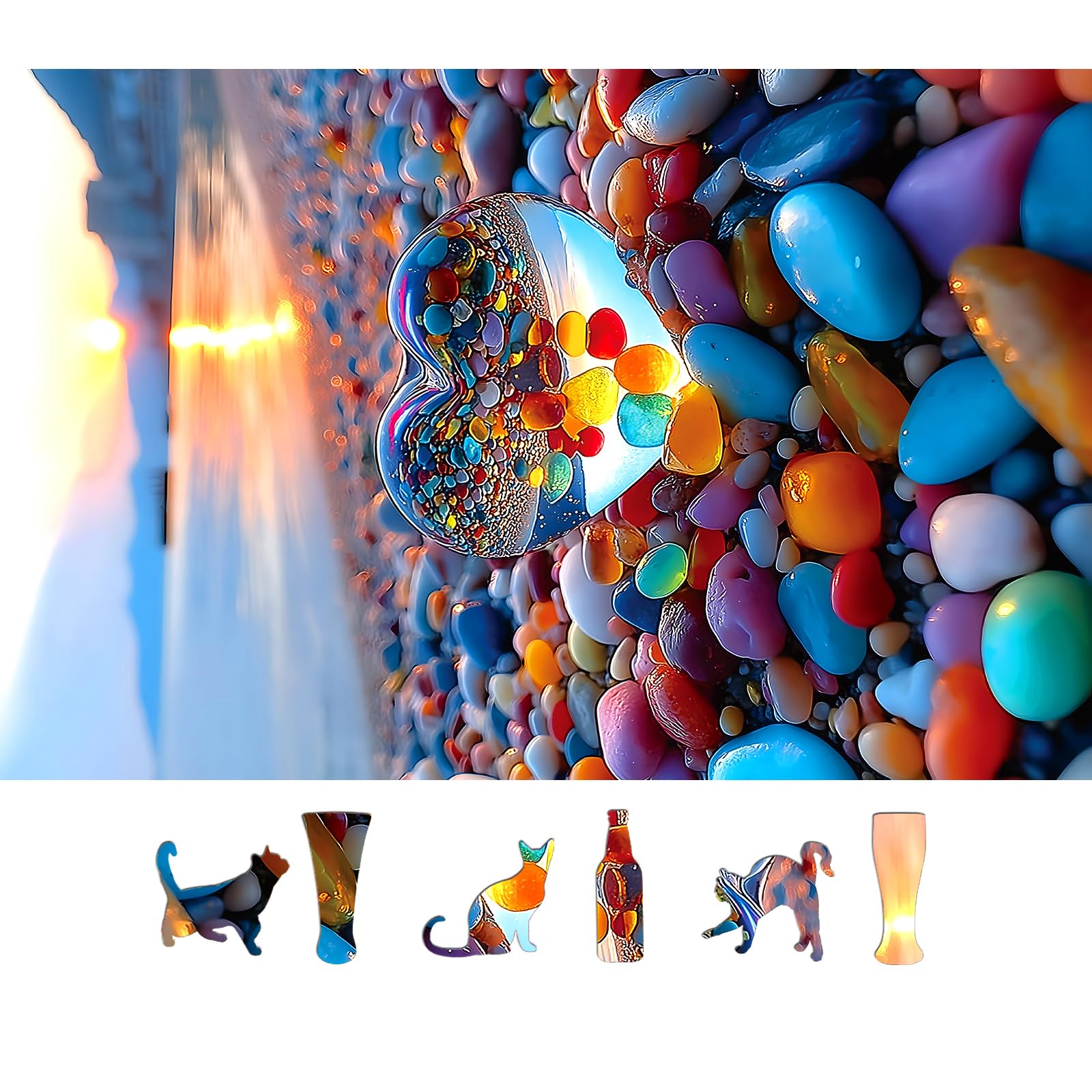 MINIWAN 500-Piece Jigsaw Puzzle for Adults – Sunset Beach Scene with Heart-Shaped Pebbles, 23x15 Inches