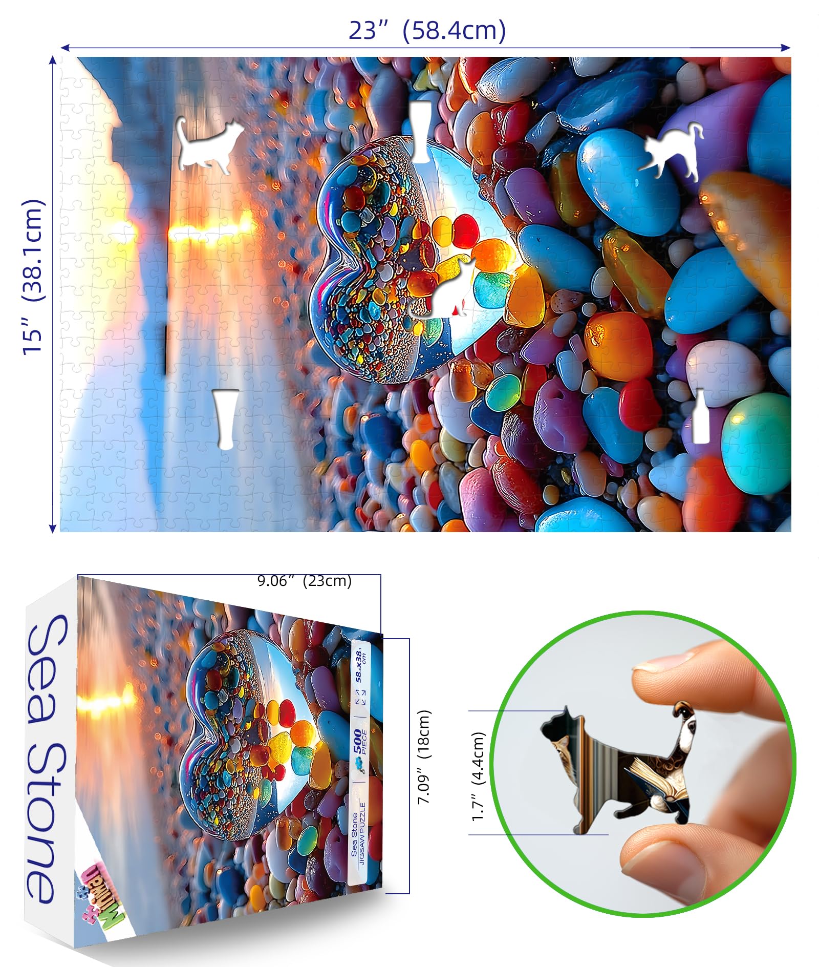 MINIWAN 500-Piece Jigsaw Puzzle for Adults – Sunset Beach Scene with Heart-Shaped Pebbles, 23x15 Inches