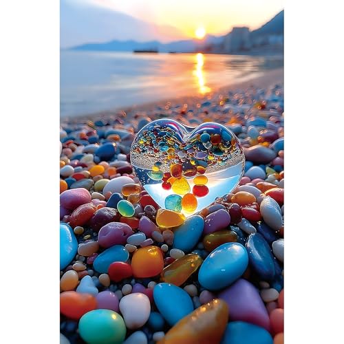 MINIWAN 500-Piece Jigsaw Puzzle for Adults – Sunset Beach Scene with Heart-Shaped Pebbles, 23x15 Inches