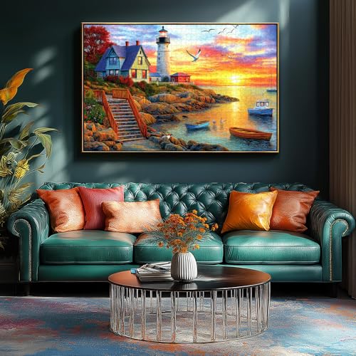 MINIWAN Lighthouse Sunset 500 Piece Jigsaw Puzzle for Adults – Coastal Scene with Boats, 21x15 Inches, Includes HD Poster