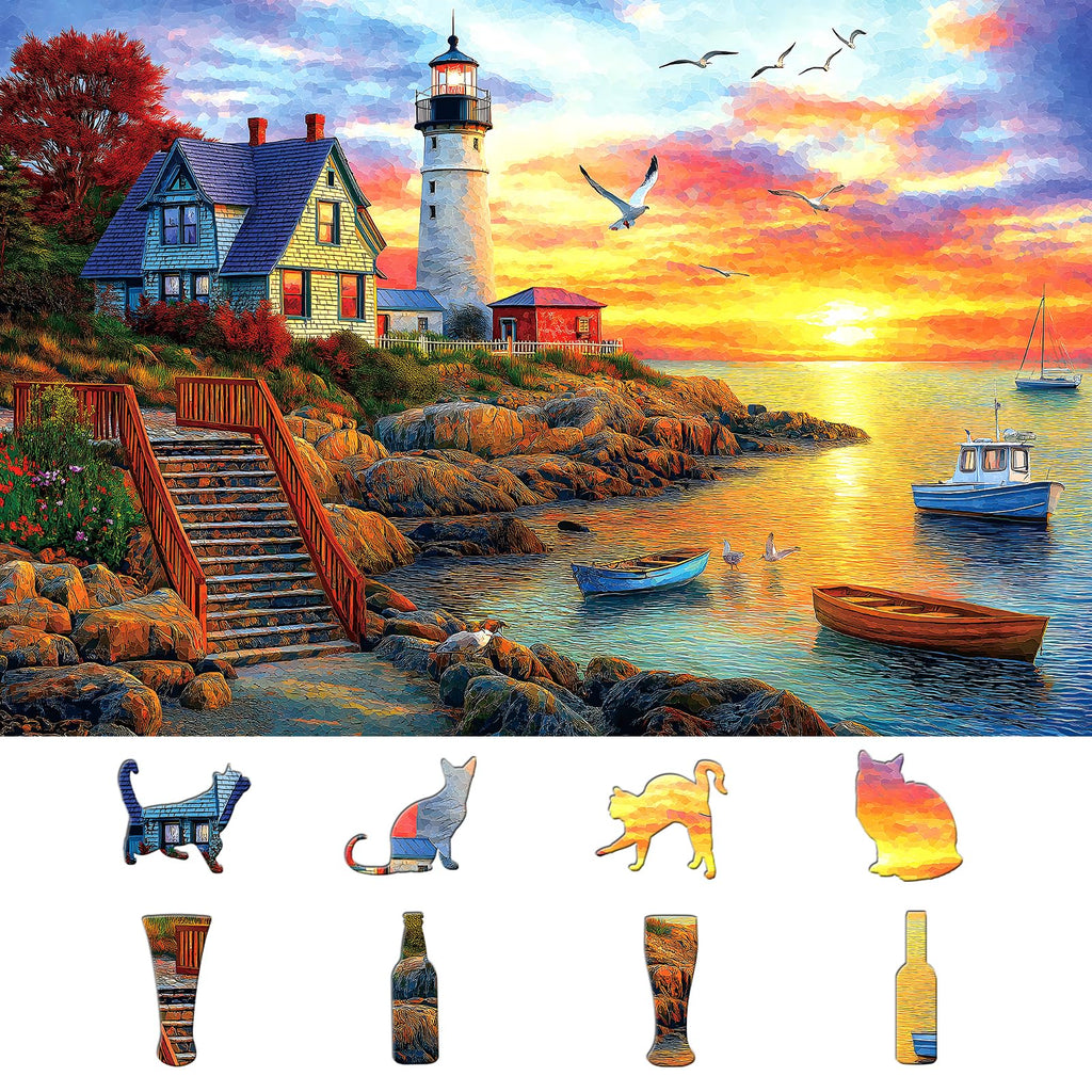 MINIWAN Lighthouse Sunset 500 Piece Jigsaw Puzzle for Adults – Coastal Scene with Boats, 21x15 Inches, Includes HD Poster
