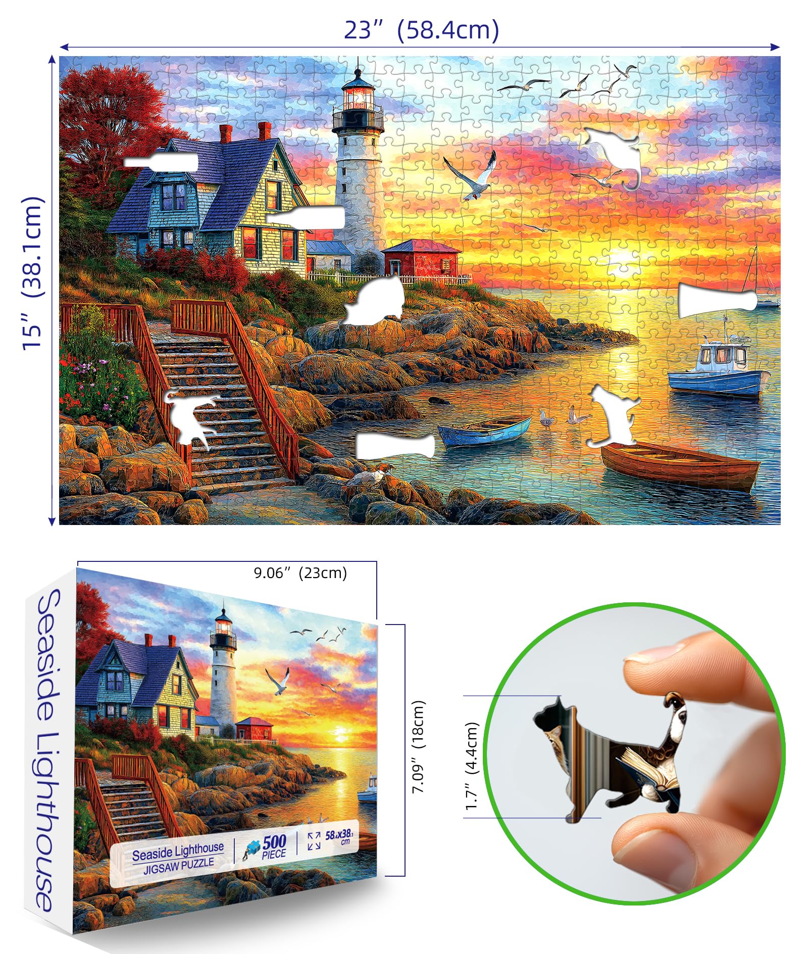 MINIWAN Lighthouse Sunset 500 Piece Jigsaw Puzzle for Adults – Coastal Scene with Boats, 21x15 Inches, Includes HD Poster