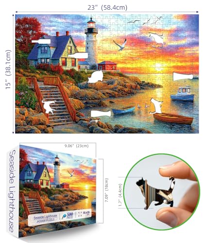 MINIWAN Lighthouse Sunset 500 Piece Jigsaw Puzzle for Adults – Coastal Scene with Boats, 21x15 Inches, Includes HD Poster