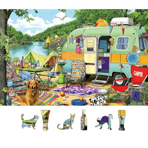MINIWAN Retro Lakeside Camping Puzzle – 500 Pieces, 23x15 Inch Jigsaw for Adults and Family Fun
