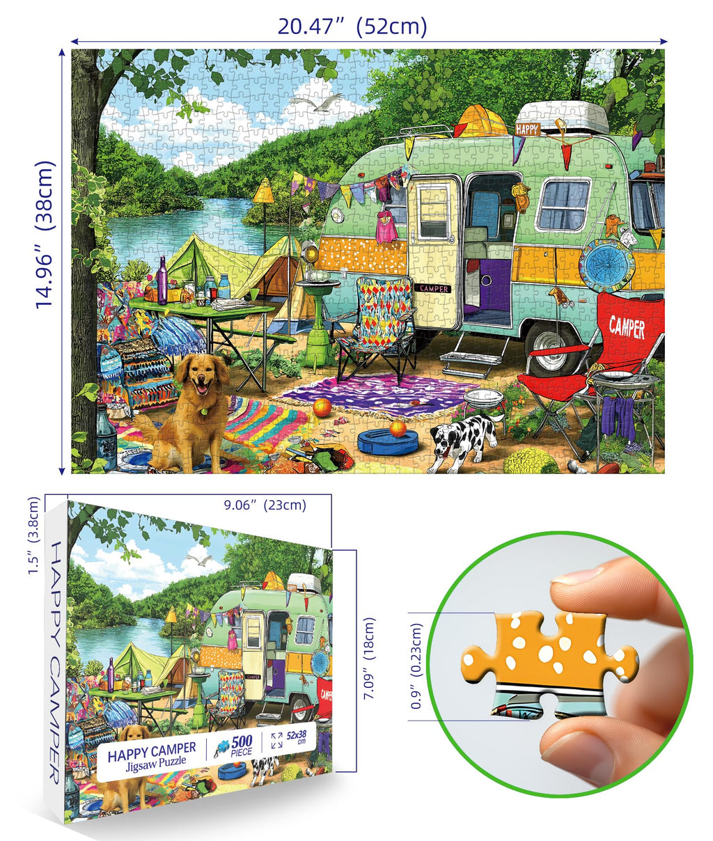 MINIWAN Retro Lakeside Camping Puzzle – 500 Pieces, 23x15 Inch Jigsaw for Adults and Family Fun