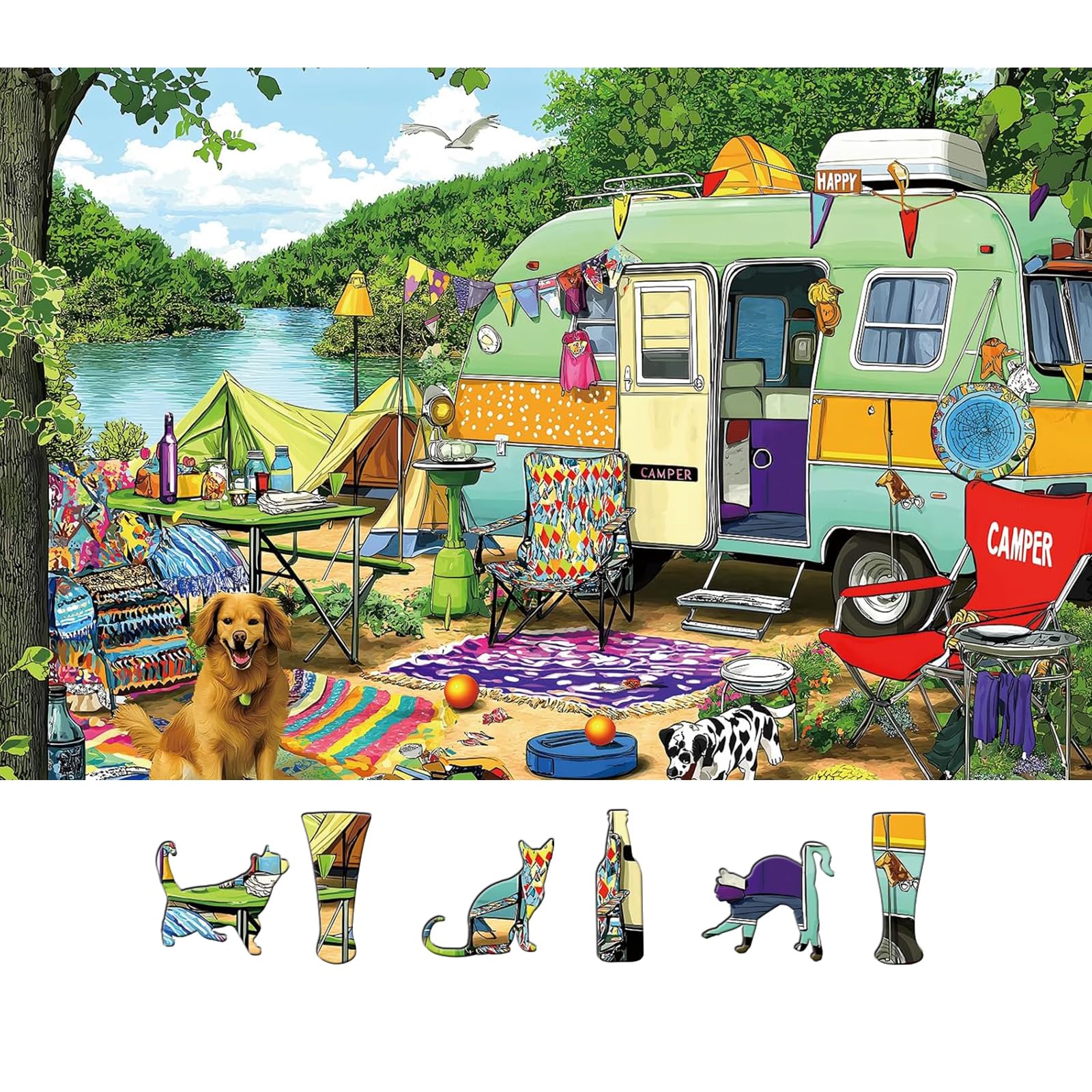 MINIWAN Retro Lakeside Camping Puzzle – 500 Pieces, 23x15 Inch Jigsaw for Adults and Family Fun