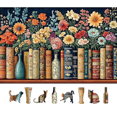MINIWAN Vintage Books & Flowers 500-Piece Jigsaw Puzzle – Floral Library Scene, 23x15 Inches