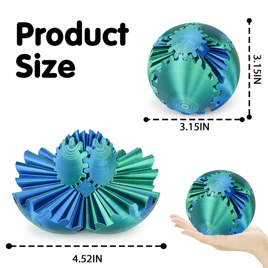 Minleway Gear Ball 3D Printed Fidget Toy – Blue Green, 3.1 Inch – Rotating Gear Sphere for Stress Relief and Anxiety