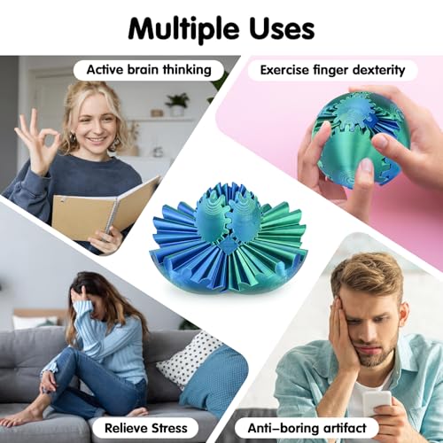Minleway Gear Ball 3D Printed Fidget Toy – Blue Green, 3.1 Inch – Rotating Gear Sphere for Stress Relief and Anxiety