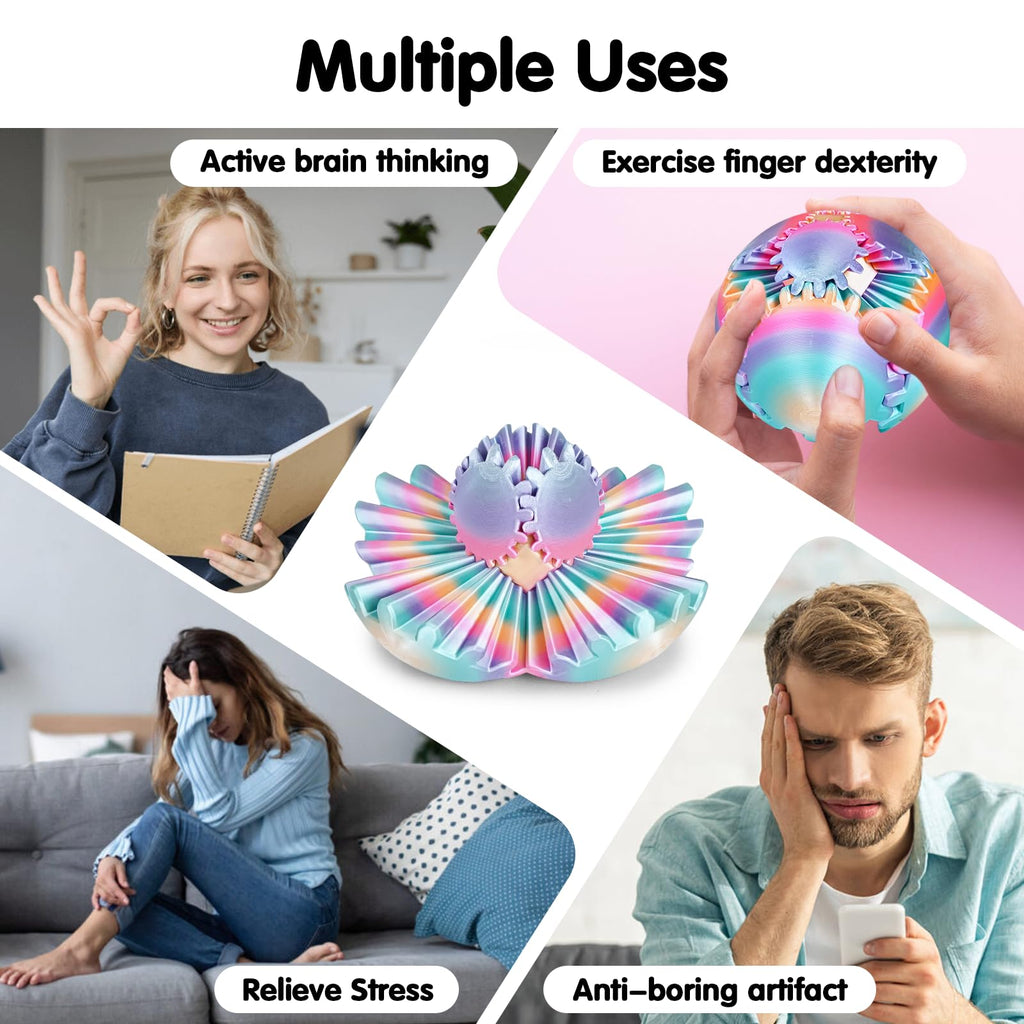Minleway GearSphere 3D Printed Fidget Ball – Rainbow Gear Toy for Stress Relief (3.1 Inch)