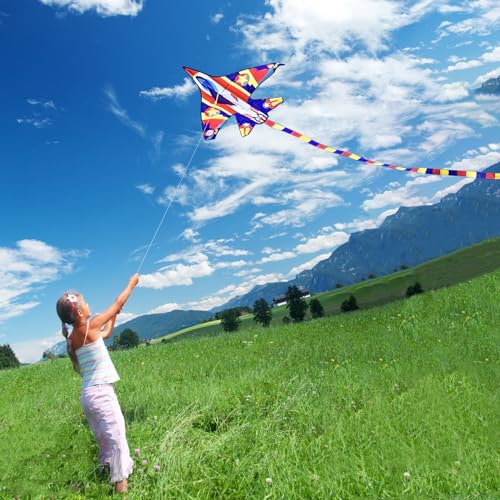 Mint's Colorful Life Airplane Kite 59" - Easy to Fly with 300ft String - Red Yellow Blue for Kids and Beginners