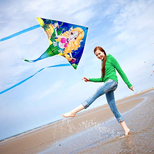 Mint's Colorful Life Large Mermaid Kite – Easy-Fly Delta Kite for Girls and Kids with Strong Rods and 300ft Line