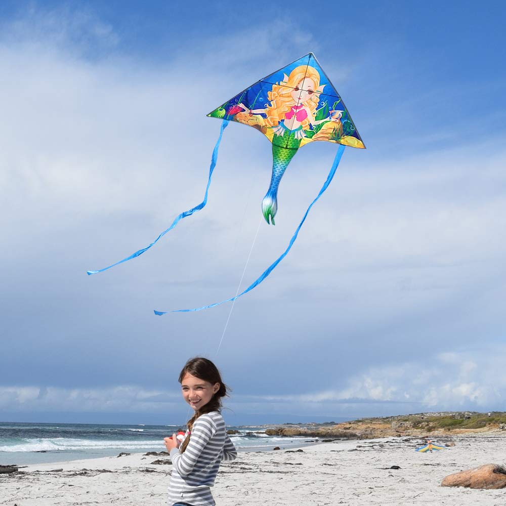Mint's Colorful Life Large Mermaid Kite – Easy-Fly Delta Kite for Girls and Kids with Strong Rods and 300ft Line