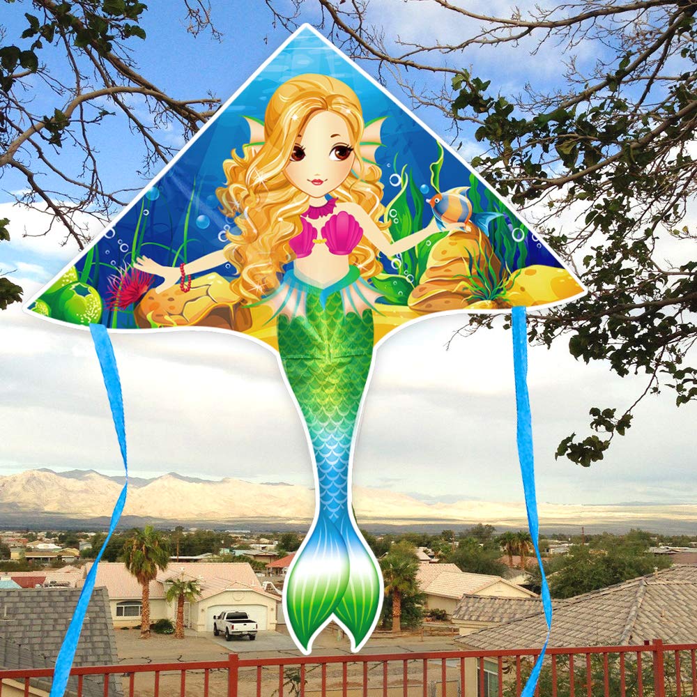 Mint's Colorful Life Large Mermaid Kite – Easy-Fly Delta Kite for Girls and Kids with Strong Rods and 300ft Line