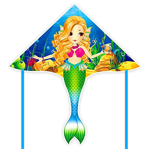 Mint's Colorful Life Large Mermaid Kite – Easy-Fly Delta Kite for Girls and Kids with Strong Rods and 300ft Line