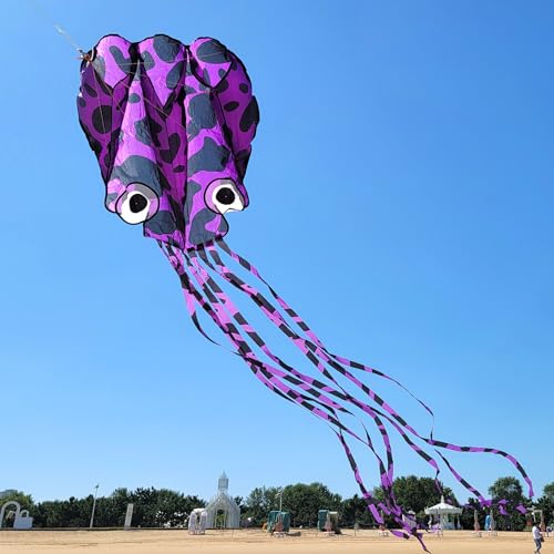Mint's Colorful Life Purple Spotty Octopus Kite - Large 3D Soft Kite with Long Tail, Easy to Fly for Beach and Park