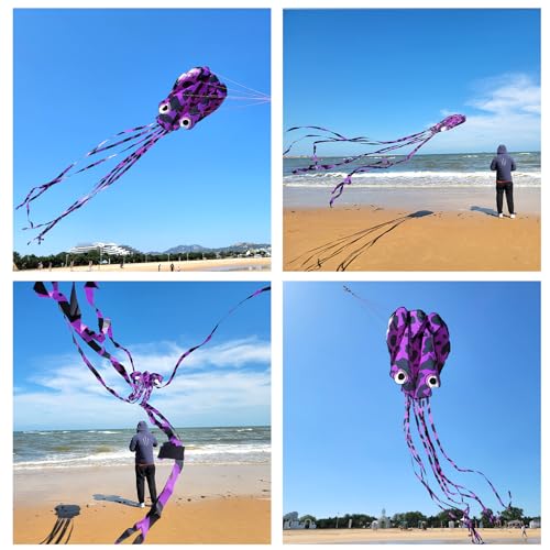 Mint's Colorful Life Purple Spotty Octopus Kite - Large 3D Soft Kite with Long Tail, Easy to Fly for Beach and Park