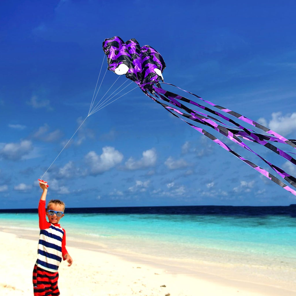 Mint's Colorful Life Purple Spotty Octopus Kite - Large 3D Soft Kite with Long Tail, Easy to Fly for Beach and Park
