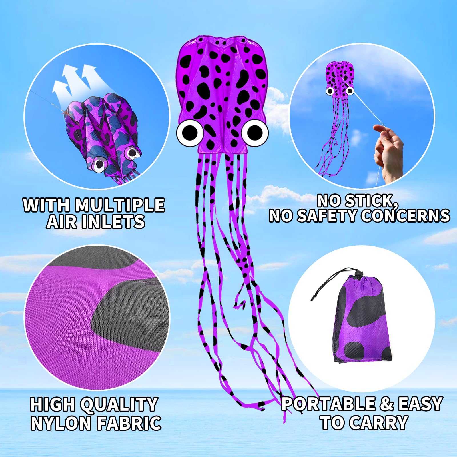 Mint's Colorful Life Purple Spotty Octopus Kite - Large 3D Soft Kite with Long Tail, Easy to Fly for Beach and Park