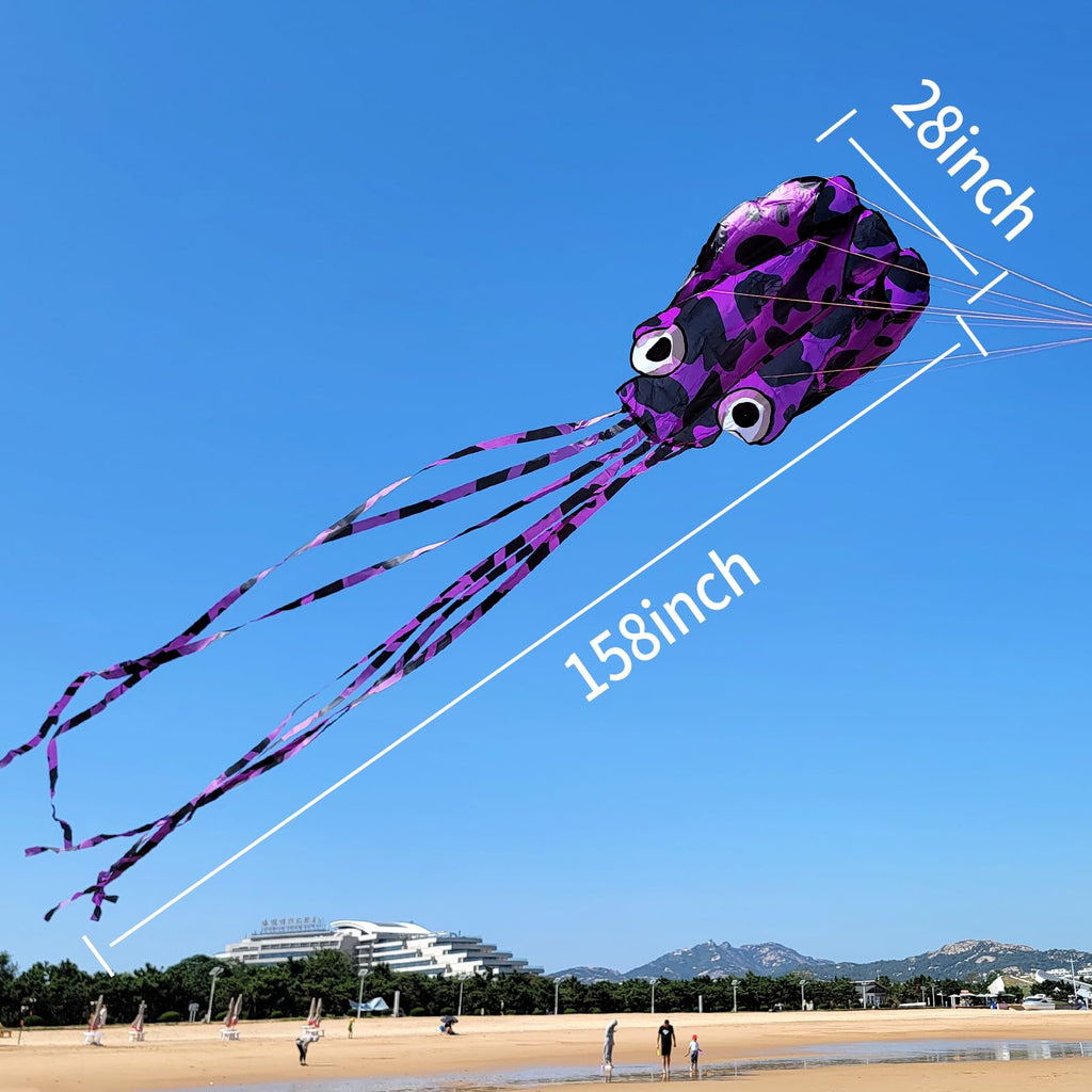 Mint's Colorful Life Purple Spotty Octopus Kite - Large 3D Soft Kite with Long Tail, Easy to Fly for Beach and Park