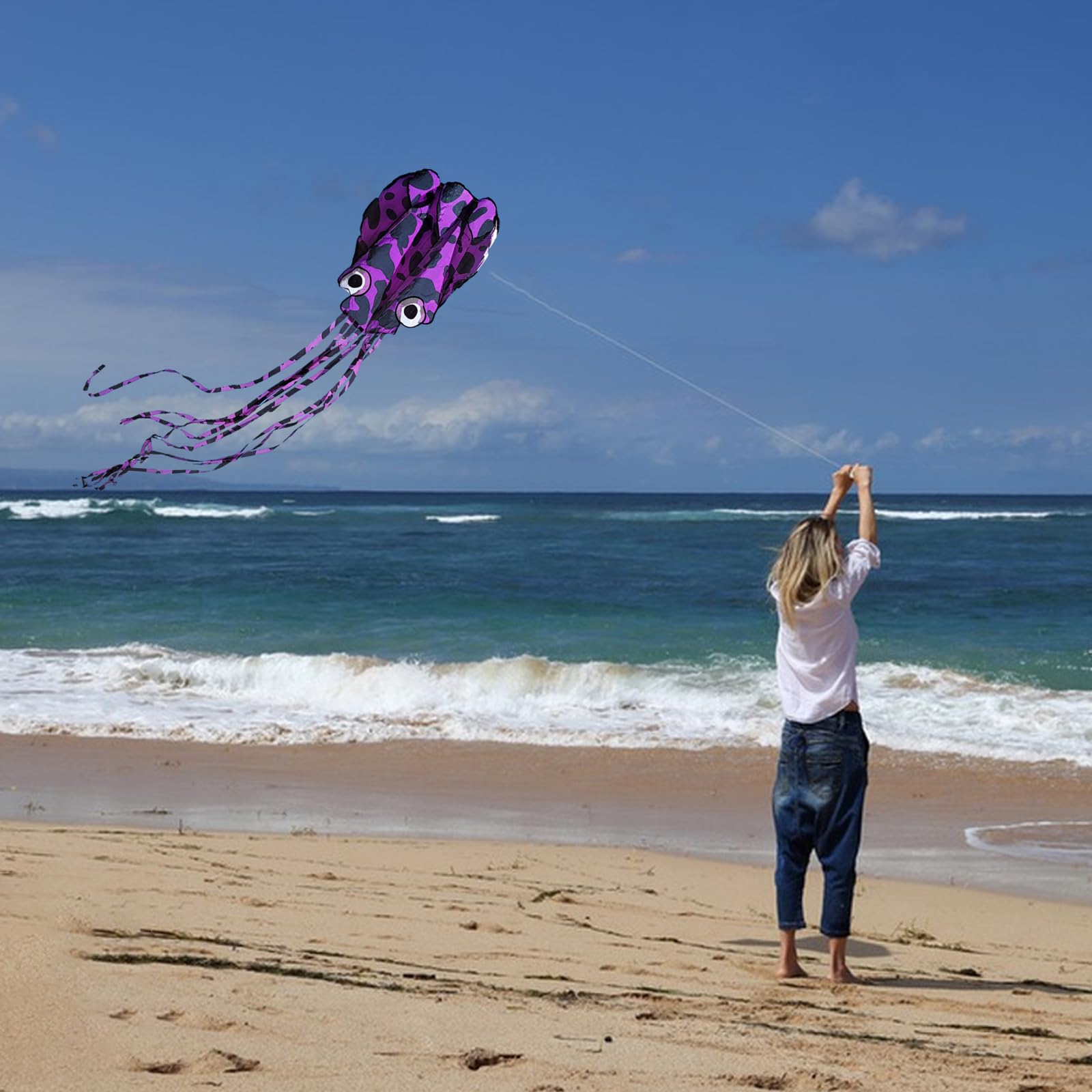 Mint's Colorful Life Purple Spotty Octopus Kite - Large 3D Soft Kite with Long Tail, Easy to Fly for Beach and Park