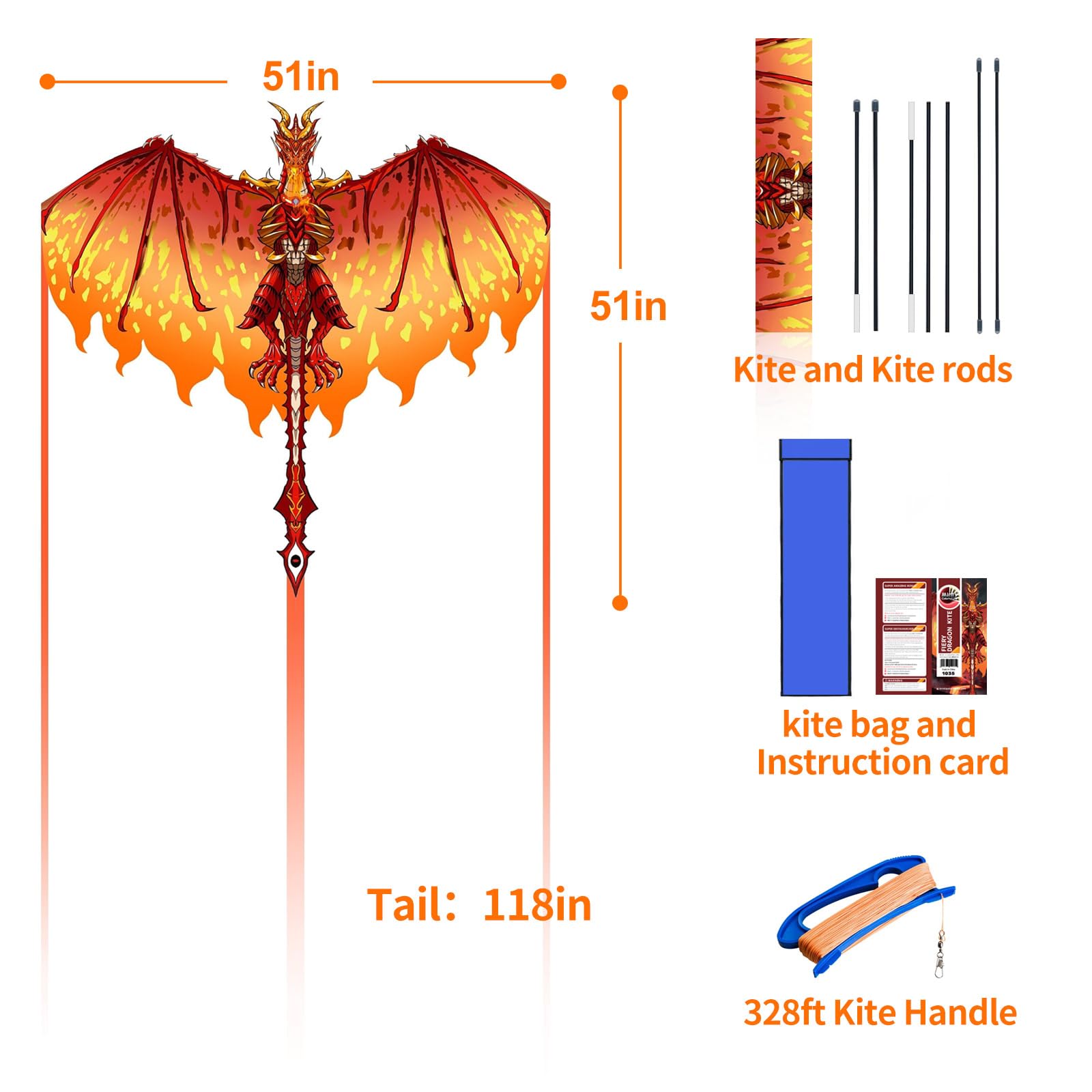 Mint's Colorful Life Red Dragon Kite – Easy-to-Fly 51x33 Inch Kite with 300ft String for Kids and Adults