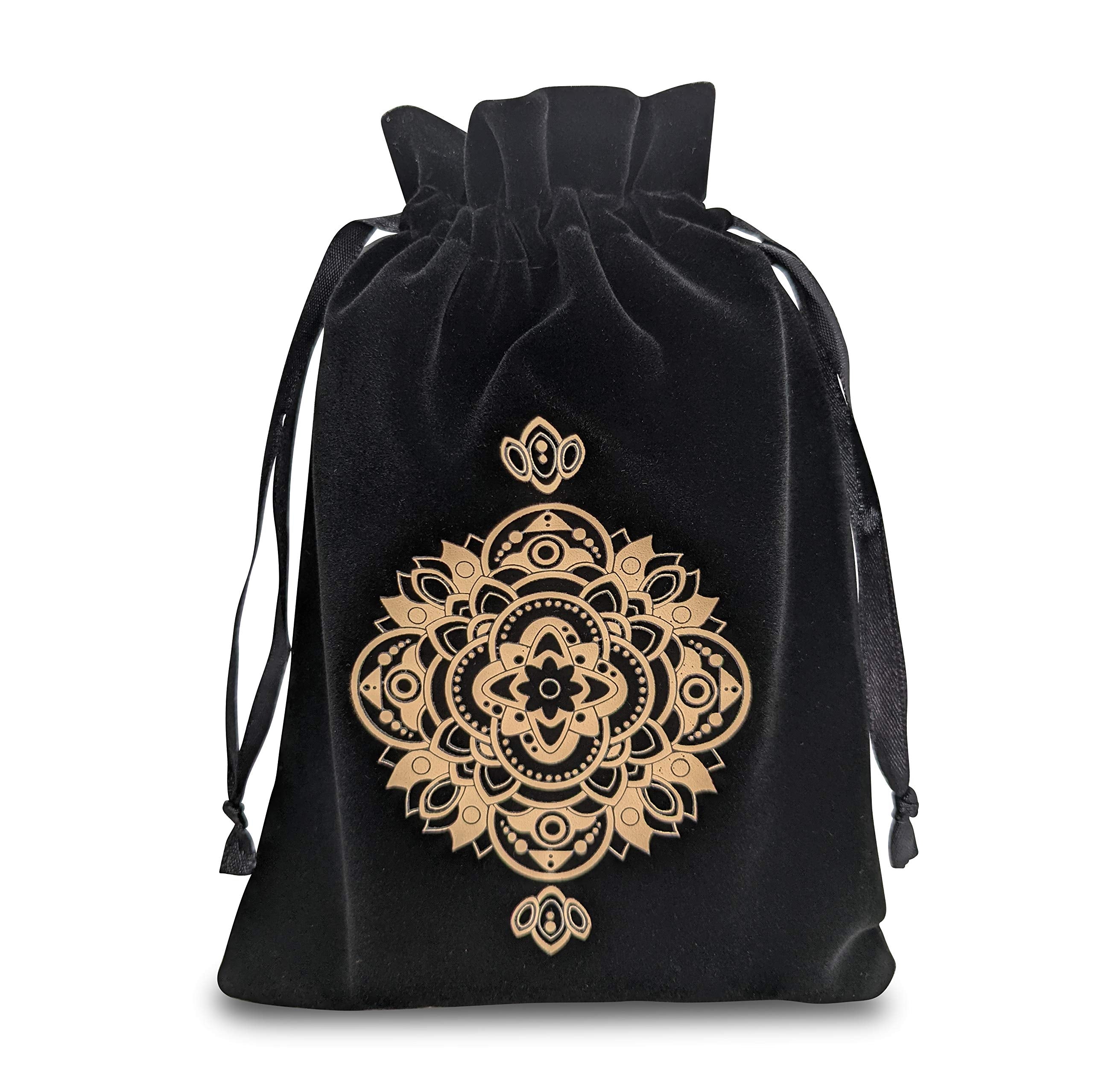 Miriyan Mandala Drawstring Pouch - Velvet & Satin Tarot Bag, 7x5 Inches, Black