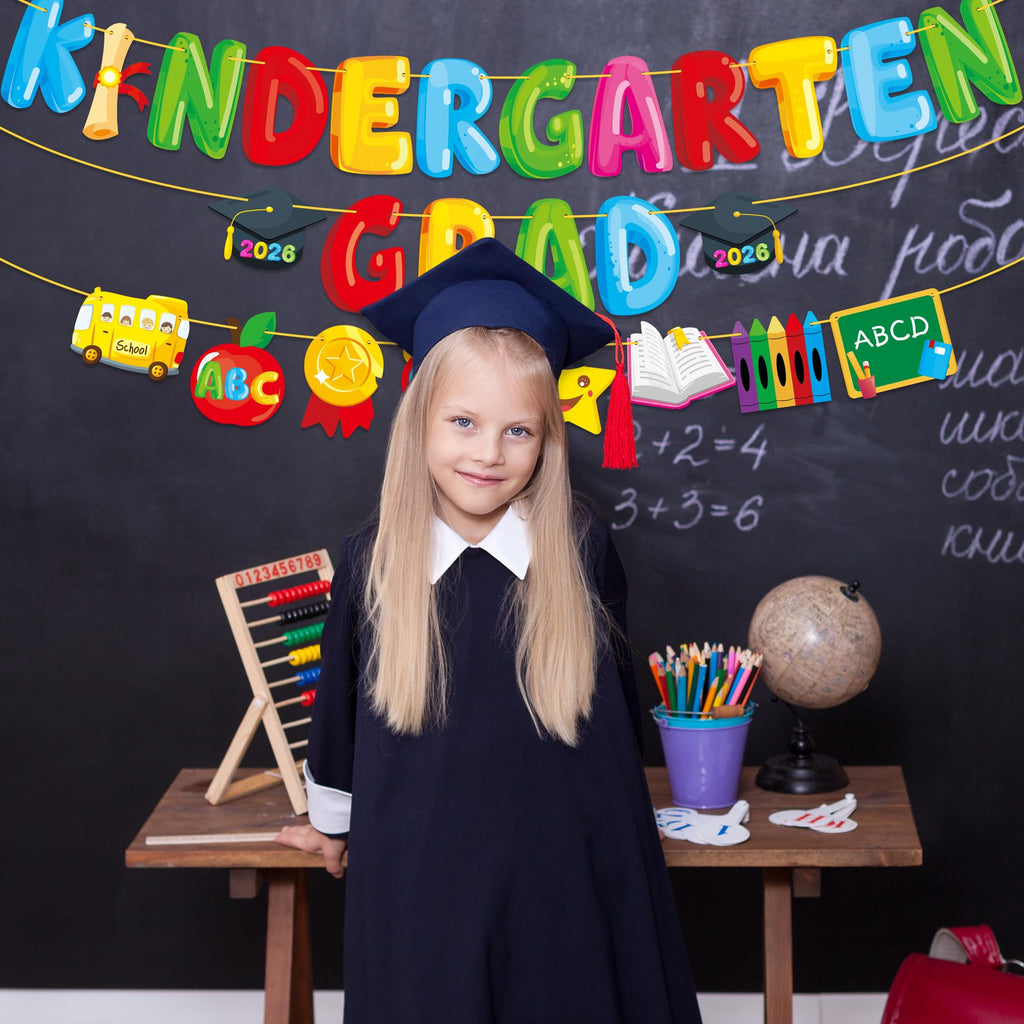 MISS FANTASY Kindergarten Graduation Banner Set - 3 Pre-Assembled Banners with 16ft Ribbon Each, No DIY Adjustable Decor for Classroom Party