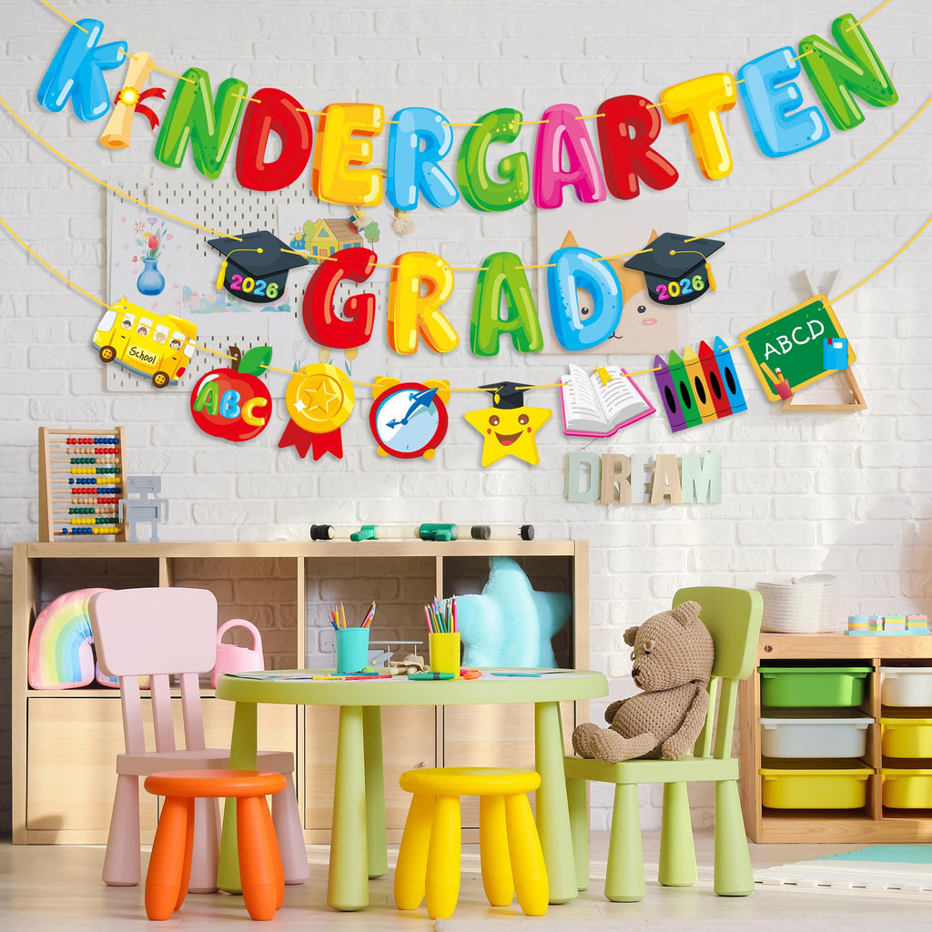 MISS FANTASY Kindergarten Graduation Banner Set - 3 Pre-Assembled Banners with 16ft Ribbon Each, No DIY Adjustable Decor for Classroom Party