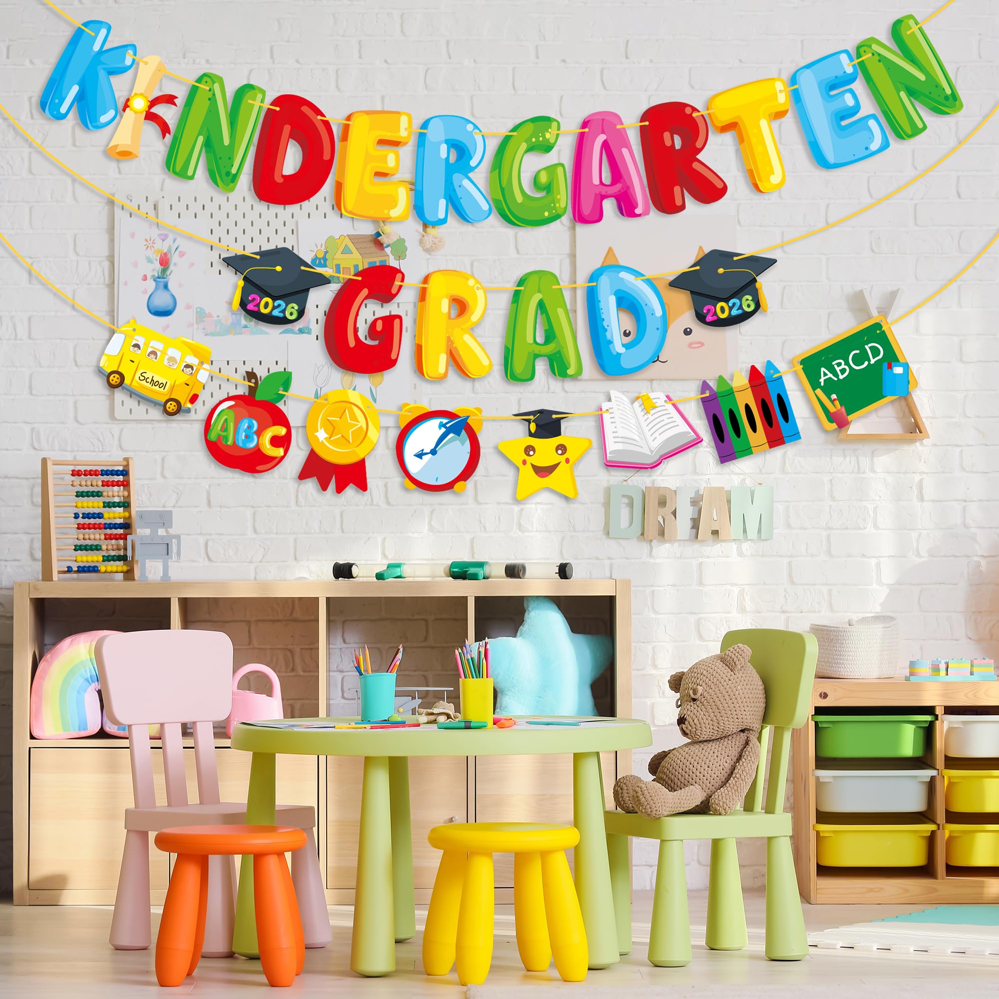 MISS FANTASY Kindergarten Graduation Banner Set - 3 Pre-Assembled Banners with 16ft Ribbon Each, No DIY Adjustable Decor for Classroom Party