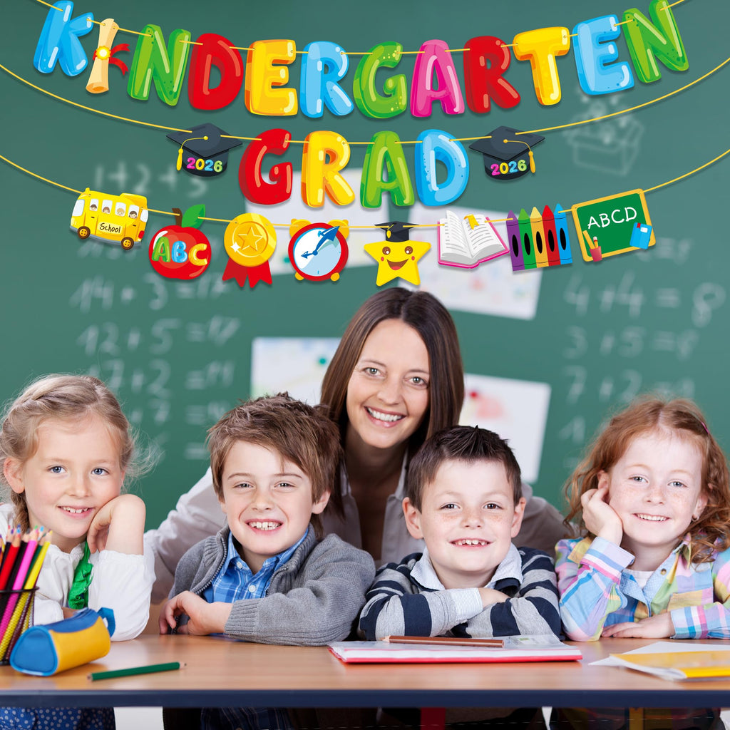 MISS FANTASY Kindergarten Graduation Banner Set - 3 Pre-Assembled Banners with 16ft Ribbon Each, No DIY Adjustable Decor for Classroom Party