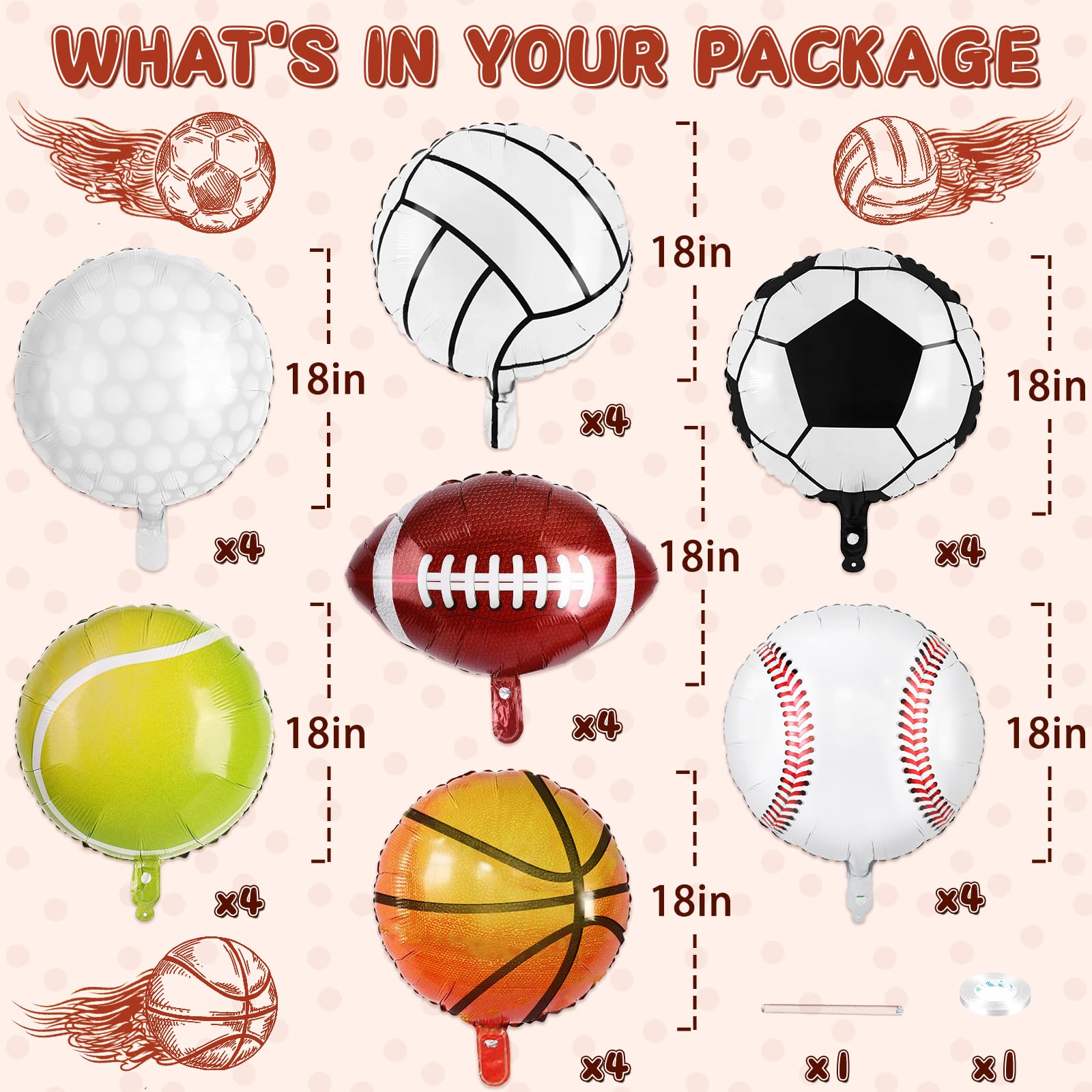 Miucat 28 Pieces Sports Foil Balloon Set - 18 Inch Mylar Balloons for Sports Themed Birthday Party