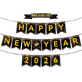Miucat Happy New Year 2026 Banner – Black Gold Pre-Strung Cardstock Decoration 8x6 Inches