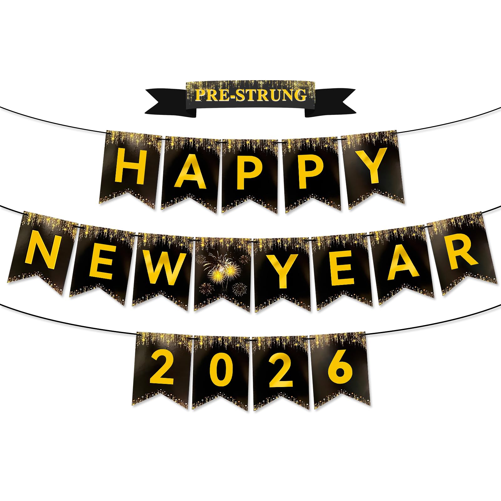 Miucat Happy New Year 2026 Banner – Black Gold Pre-Strung Cardstock Decoration 8x6 Inches