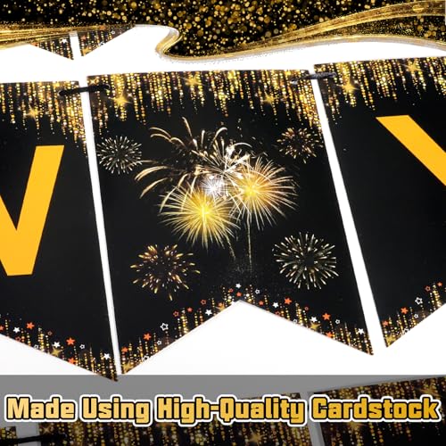 Miucat Happy New Year 2026 Banner – Black Gold Pre-Strung Cardstock Decoration 8x6 Inches