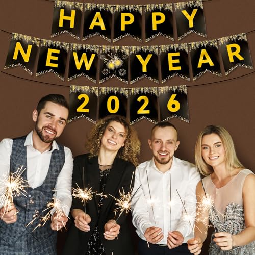 Miucat Happy New Year 2026 Banner – Black Gold Pre-Strung Cardstock Decoration 8x6 Inches