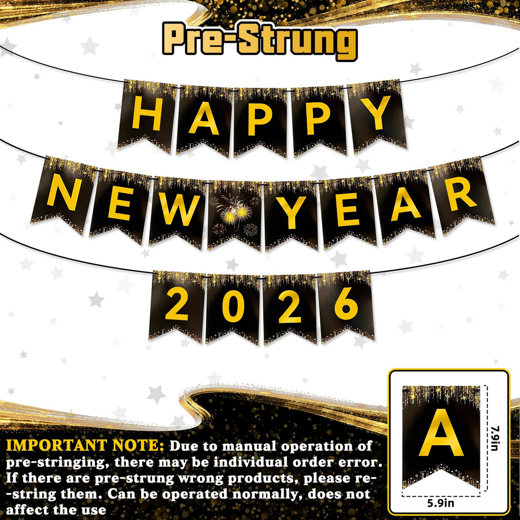 Miucat Happy New Year 2026 Banner – Black Gold Pre-Strung Cardstock Decoration 8x6 Inches