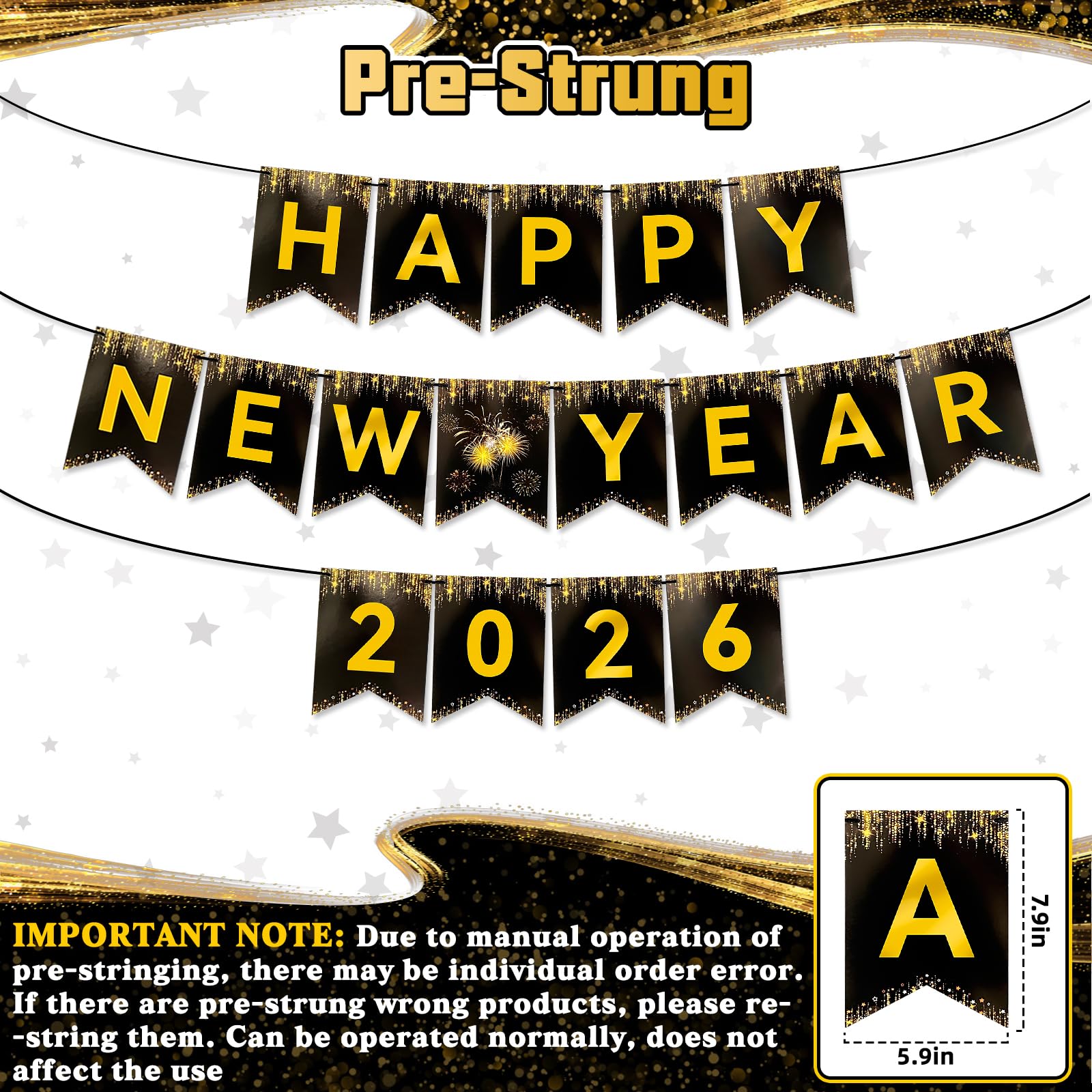 Miucat Happy New Year 2026 Banner – Black Gold Pre-Strung Cardstock Decoration 8x6 Inches