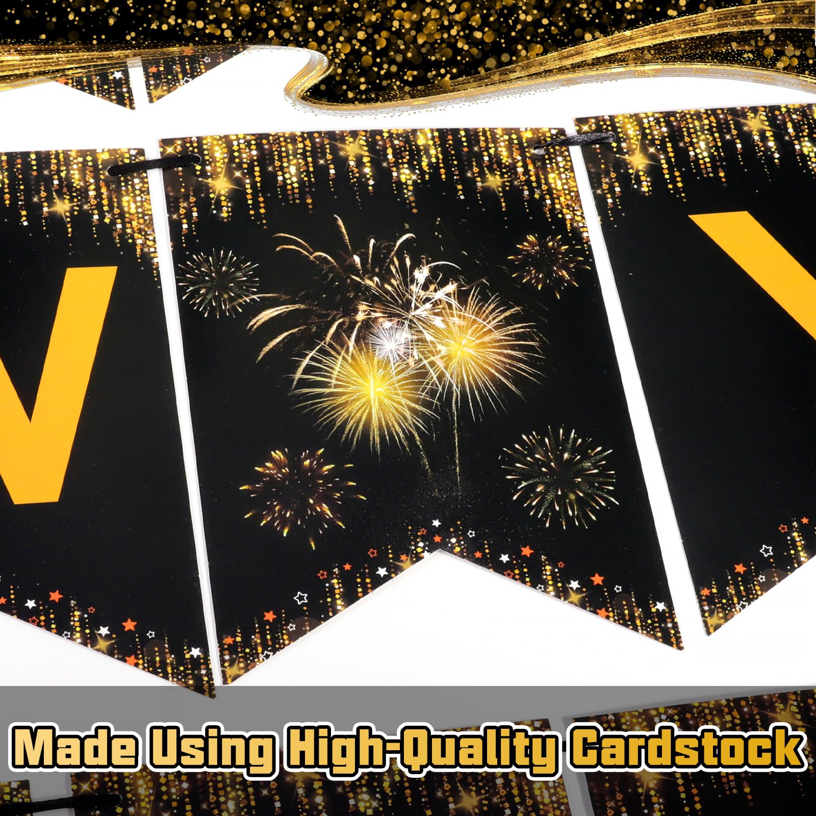 Miucat Happy New Year 2026 Banner – Black Gold Pre-Strung Cardstock Decoration 8x6 Inches