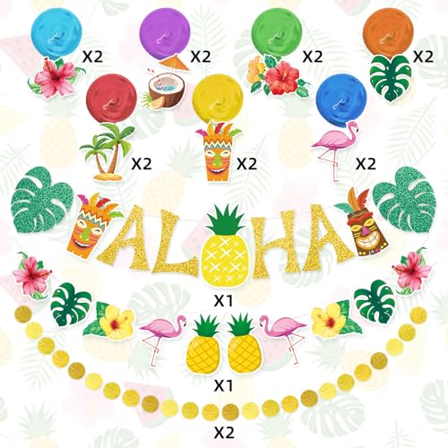 Miucat Pre-Strung Hawaiian Aloha Party Banner Set – 19-Piece Luau Decorations with Flamingo, Tiki, Gold Glitter