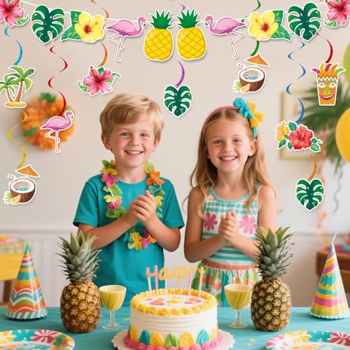 Miucat Pre-Strung Hawaiian Aloha Party Banner Set – 19-Piece Luau Decorations with Flamingo, Tiki, Gold Glitter