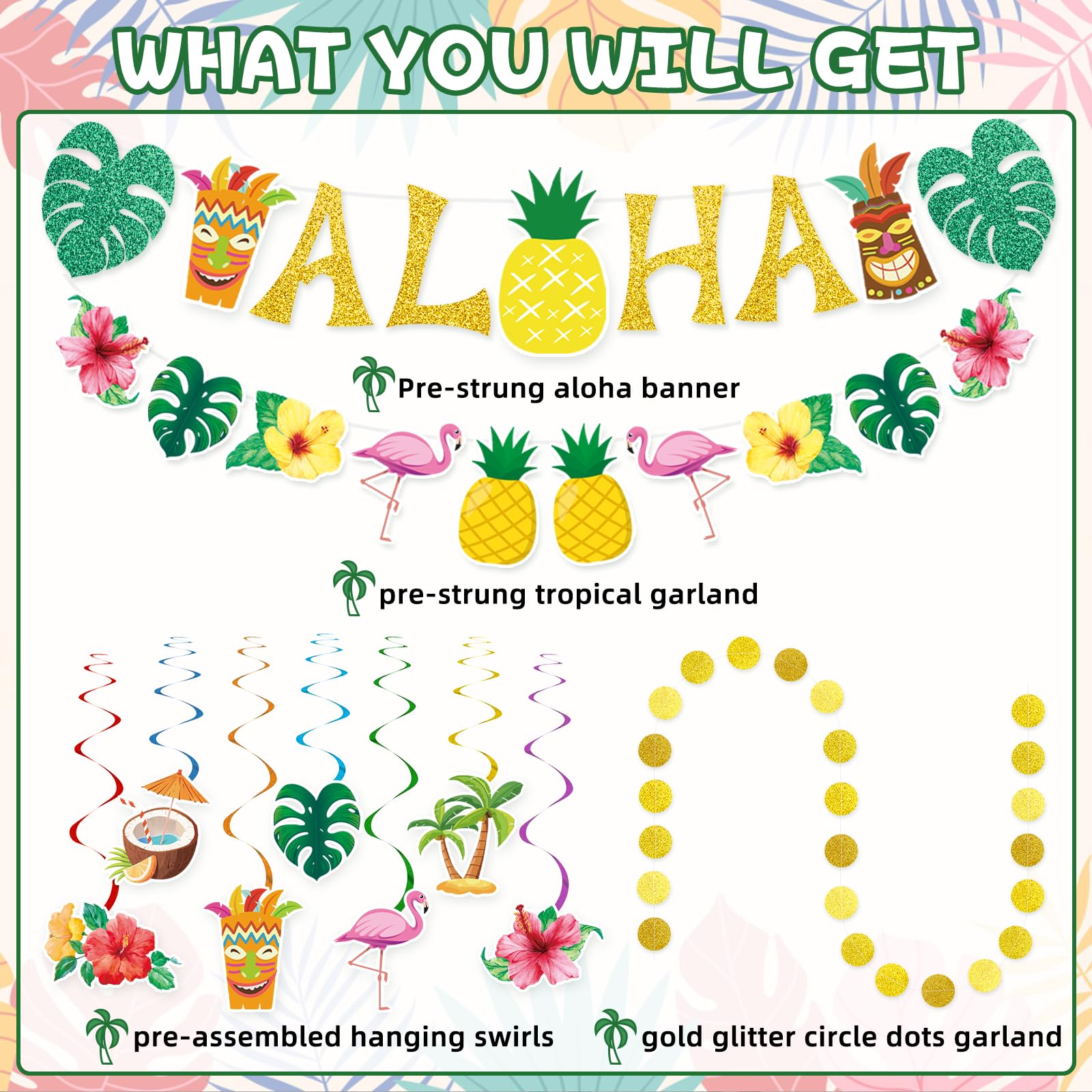 Miucat Pre-Strung Hawaiian Aloha Party Banner Set – 19-Piece Luau Decorations with Flamingo, Tiki, Gold Glitter