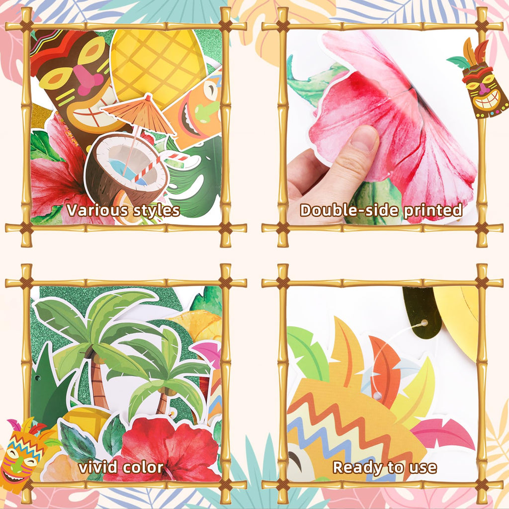 Miucat Pre-Strung Hawaiian Aloha Party Banner Set – 19-Piece Luau Decorations with Flamingo, Tiki, Gold Glitter