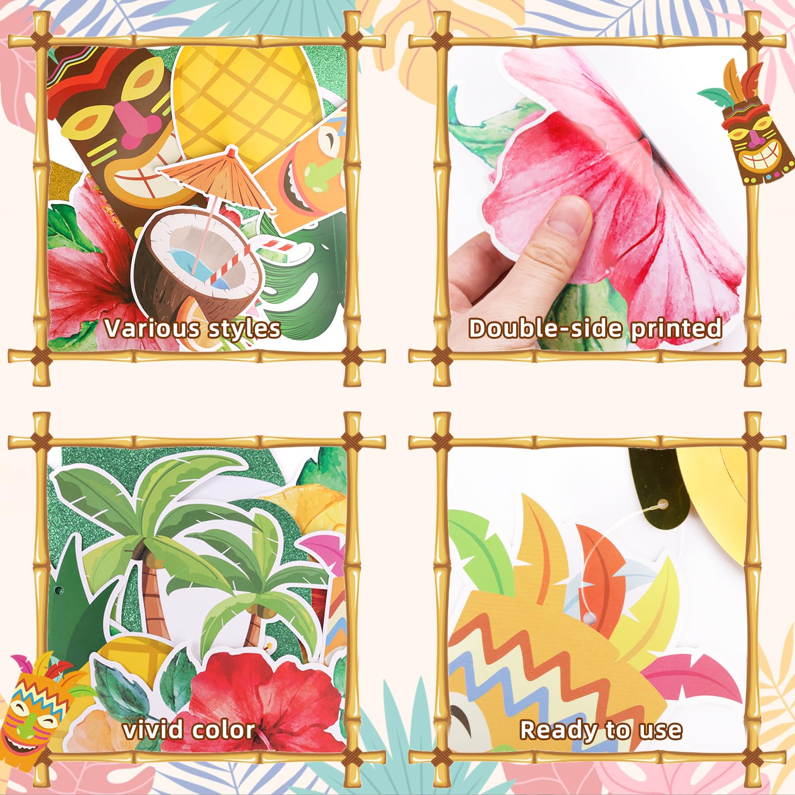 Miucat Pre-Strung Hawaiian Aloha Party Banner Set – 19-Piece Luau Decorations with Flamingo, Tiki, Gold Glitter