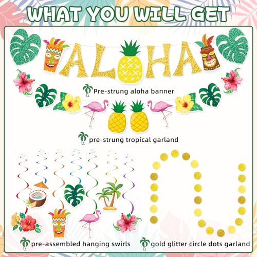 Miucat Pre-Strung Hawaiian Aloha Party Banner Set – 19-Piece Luau Decorations with Flamingo, Tiki, Gold Glitter