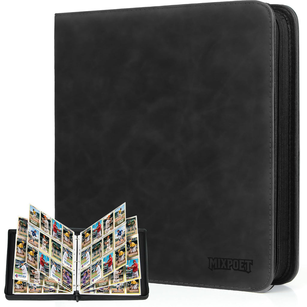 MIXPOET 12-Pocket Trading Card Binder – Holds 960 Cards, Black PU Leather, Zipper Closure