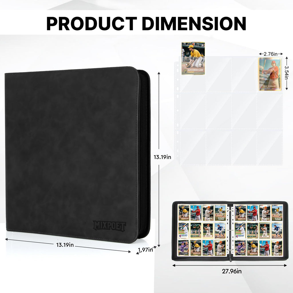 MIXPOET 12-Pocket Trading Card Binder – Holds 960 Cards, Black PU Leather, Zipper Closure
