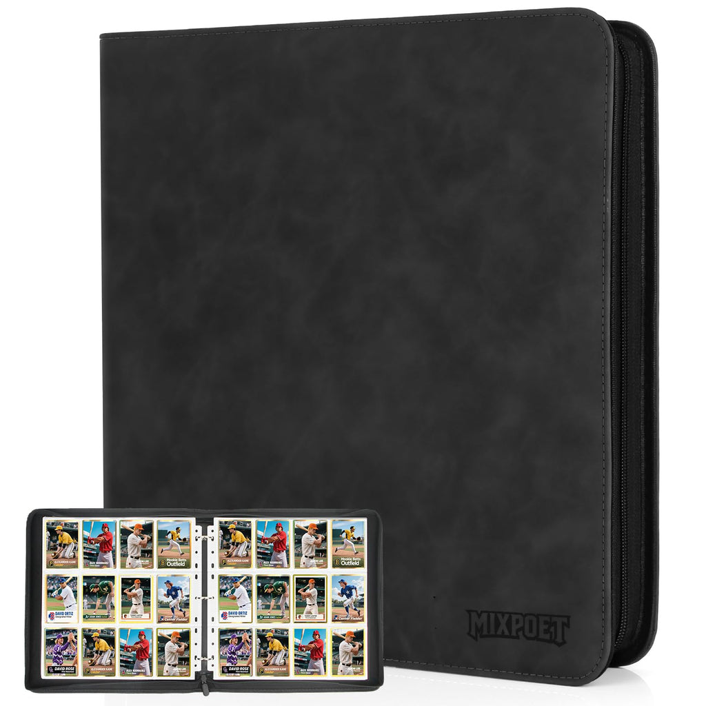 MIXPOET 12-Pocket Trading Card Binder – Holds 960 Cards, Black PU Leather, Zipper Closure